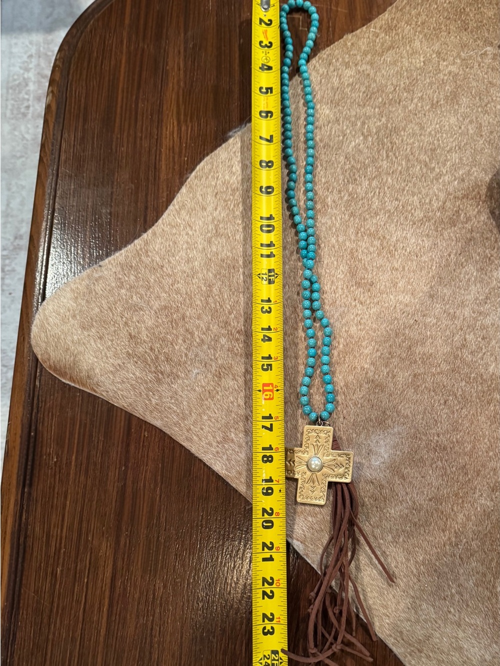 Turquoise Beaded, Gold Cross Pendant Necklace with Brown Leather Fringe 24” - Picture 4 of 5